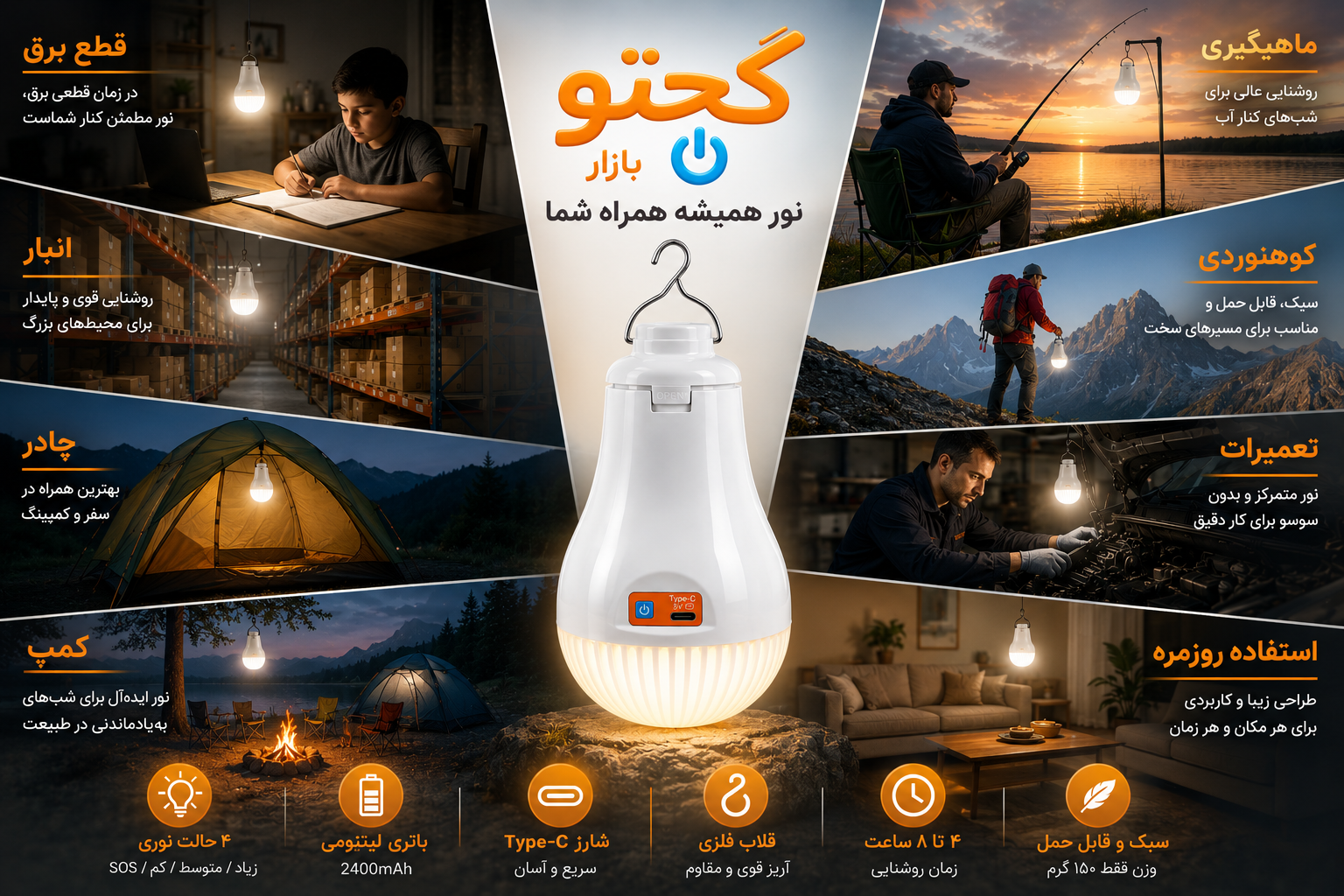 چراغ اضطراری شارژی ۳۰ وات مدل HT-669 | لامپ کمپینگ قلاب دار LED دوحالته با آویز و شارژ Type-C