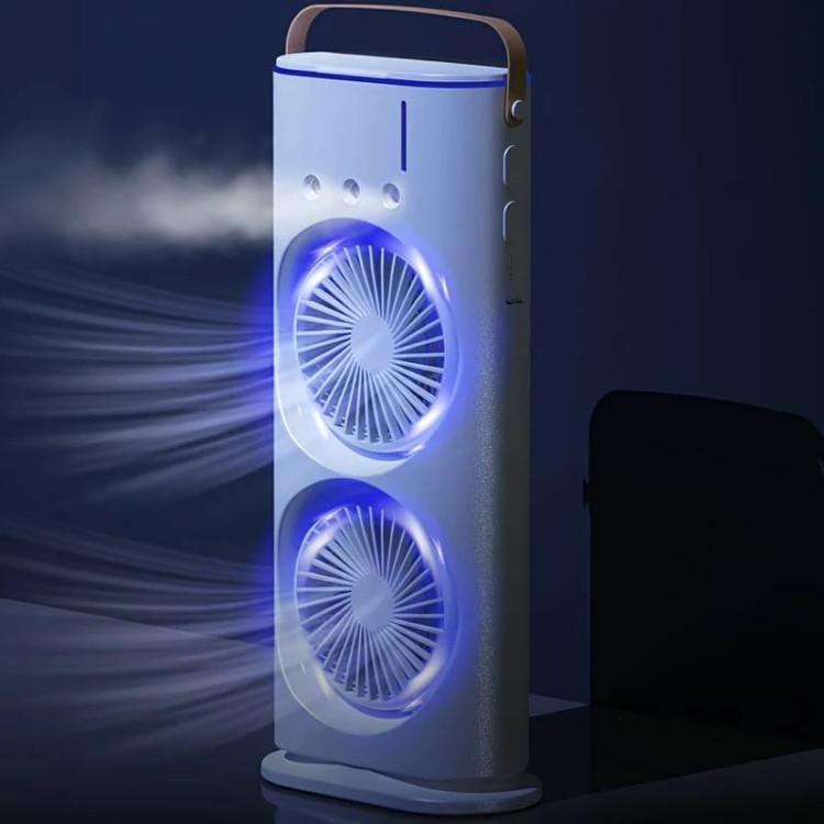 پنکه مهپاش دو فن شارژی رومیزی چرخشی مدل Double-Ended Spray Fan | مهپاش ۳ نازله، نور RGB و چرخش ۹۰ درجه
