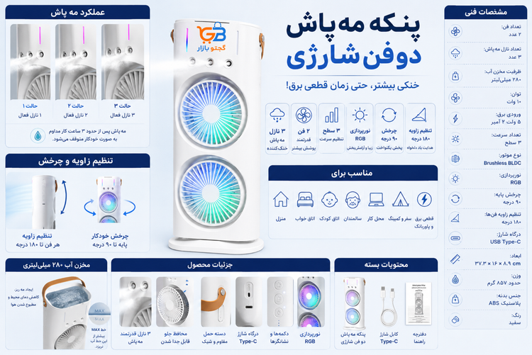 پنکه مهپاش دو فن شارژی رومیزی چرخشی مدل Double-Ended Spray Fan | مهپاش ۳ نازله، نور RGB و چرخش ۹۰ درجه