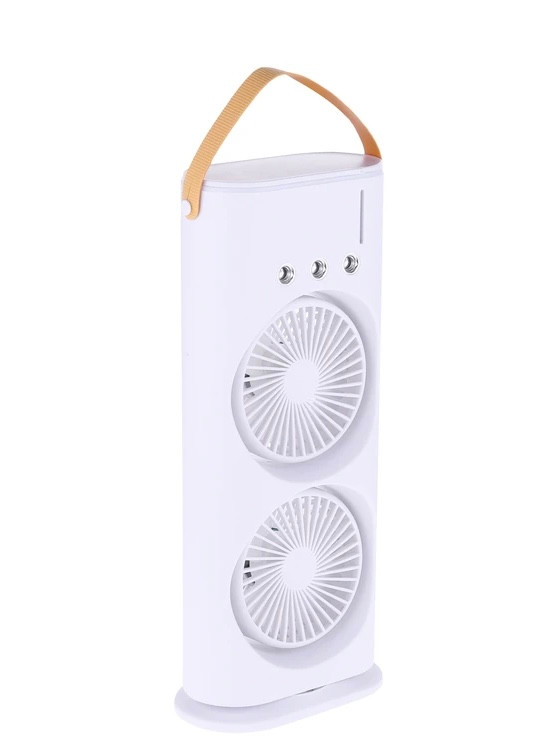 پنکه مهپاش دو فن شارژی رومیزی چرخشی مدل Double-Ended Spray Fan | مهپاش ۳ نازله، نور RGB و چرخش ۹۰ درجه