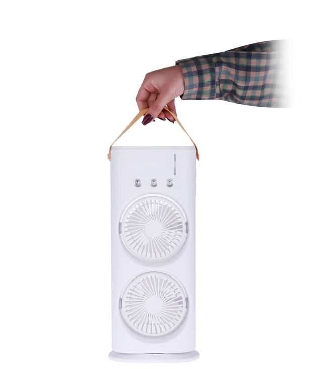 پنکه مهپاش دو فن شارژی رومیزی چرخشی مدل Double-Ended Spray Fan | مهپاش ۳ نازله، نور RGB و چرخش ۹۰ درجه