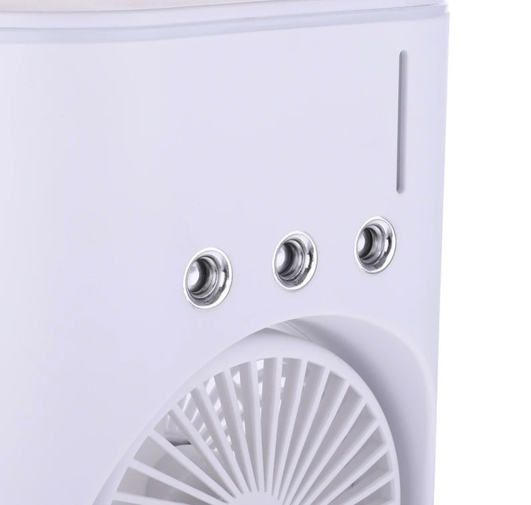 پنکه مهپاش دو فن شارژی رومیزی چرخشی مدل Double-Ended Spray Fan | مهپاش ۳ نازله، نور RGB و چرخش ۹۰ درجه