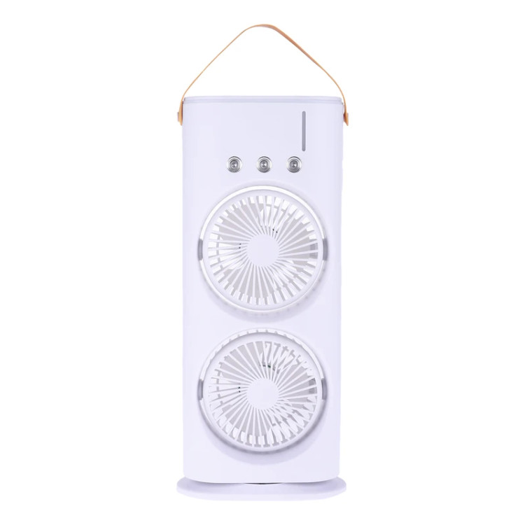 پنکه مهپاش دو فن شارژی رومیزی چرخشی مدل Double-Ended Spray Fan | مهپاش ۳ نازله، نور RGB و چرخش ۹۰ درجه