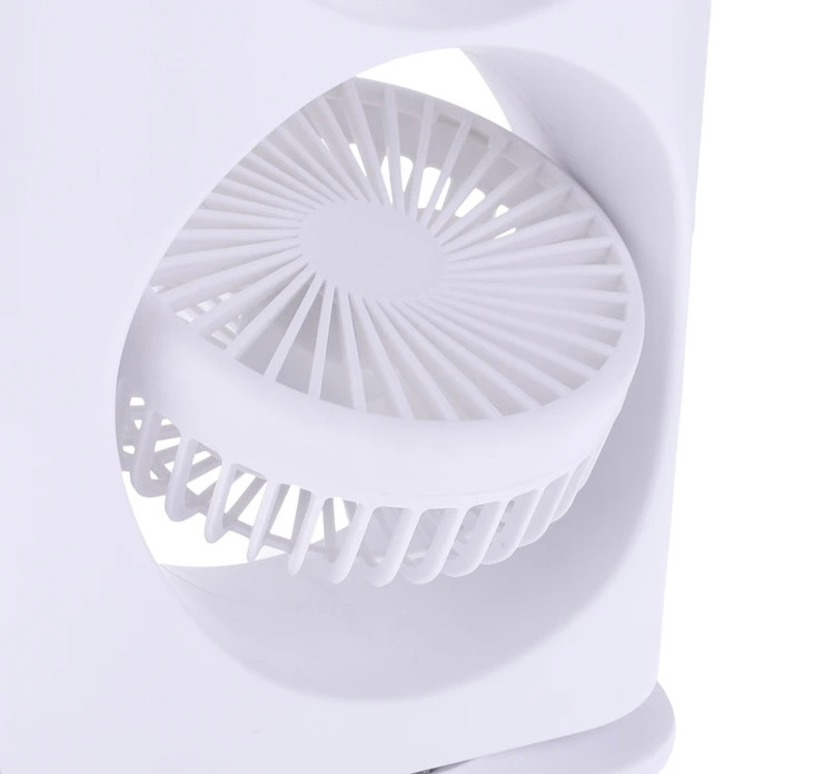 پنکه مهپاش دو فن شارژی رومیزی چرخشی مدل Double-Ended Spray Fan | مهپاش ۳ نازله، نور RGB و چرخش ۹۰ درجه
