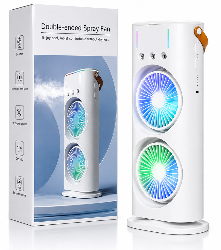 پنکه مهپاش دو فن شارژی رومیزی چرخشی مدل Double-Ended Spray Fan | مهپاش ۳ نازله، نور RGB و چرخش ۹۰ درجه