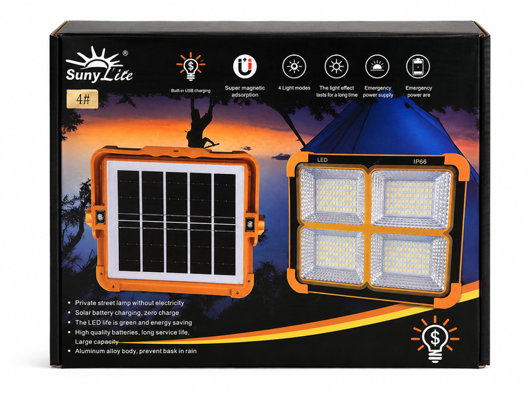 پروژکتور سولار شارژی Suny Lite مدل ۴ باتری 12000mAh پاوربانکدار IP66 | کمپینگ و خورشیدی