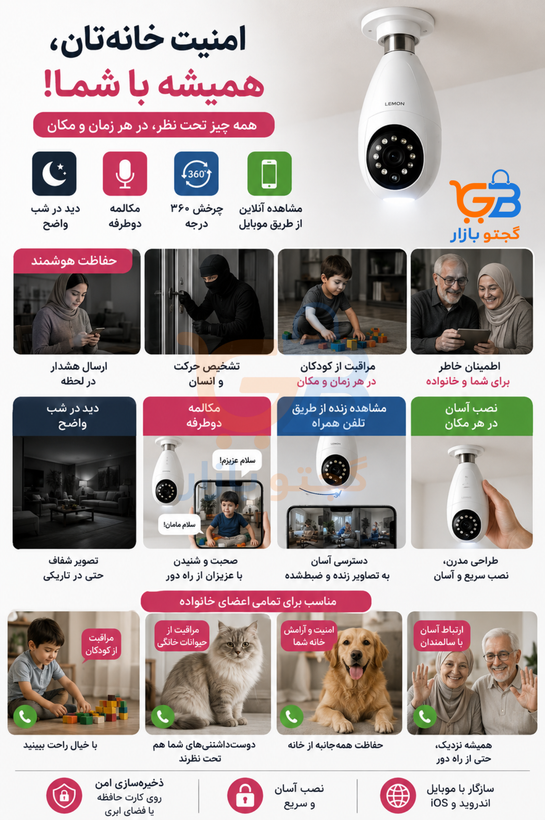 دوربین مدار بسته لامپی چرخشی 360 درجه وایفای | مکالمه دوطرفه، دید در شب، سنسور حرکت، مگاپیکسل2، پشتیبانی 128GB