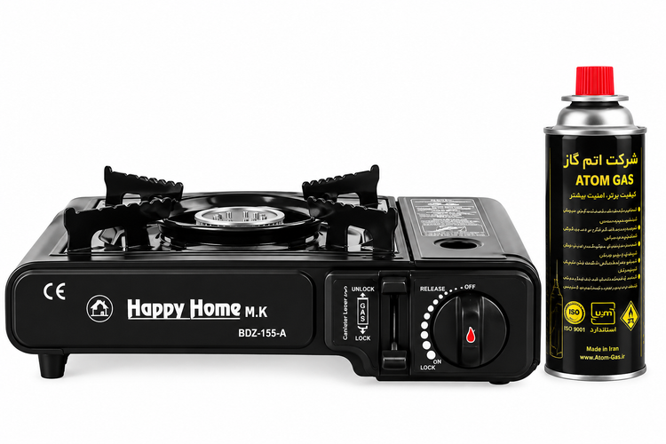 اجاق گاز سفری دوکاره هپی هوم Happy Home مدل BDZ-155-A با قابلیت استفاده از کپسول و گاز شهری، جرقهزن اتوماتیک و کیف حمل